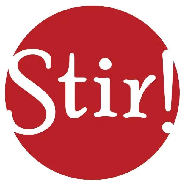 Red circle with the word 'Stir!' overlayed in white
