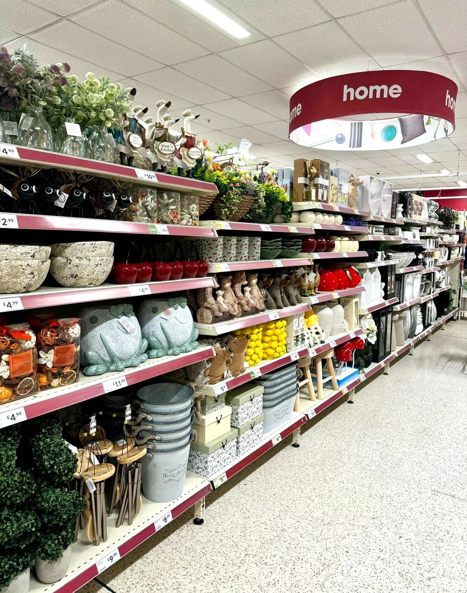 Wilko homewares aisle shelving featuring assorted home and garden accessories