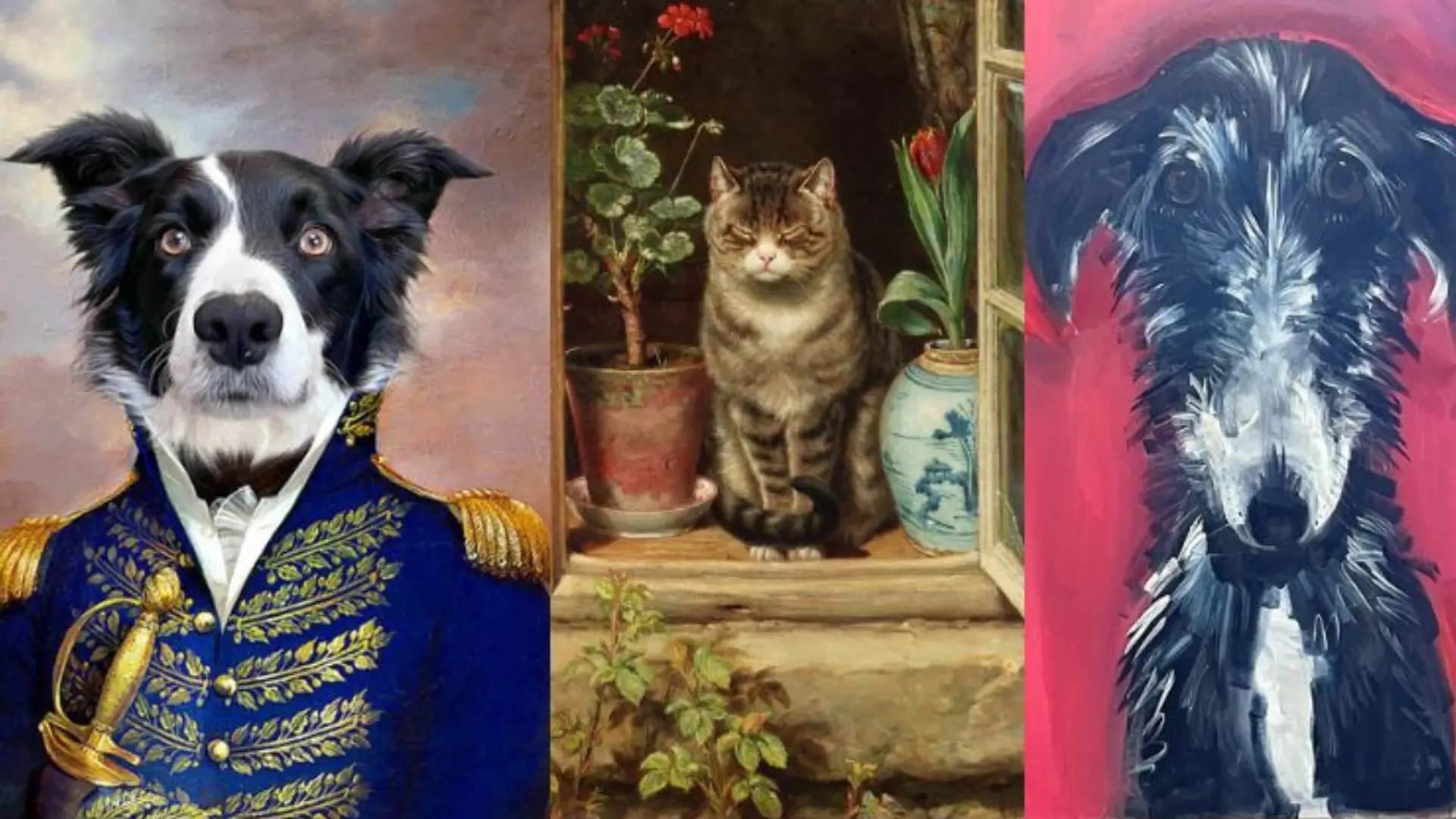 A trio of creative pet portraits. From left to right: a border collie in a traditional military portrait from history, a tabby cat sitting on a sunny porch next to several flowerpots, and painting of a borzoi dog