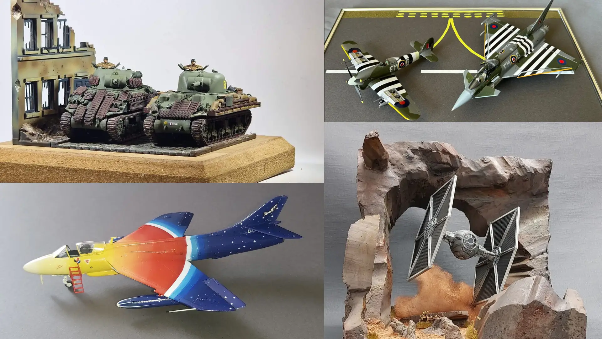 A selection of 3D models produced by Poole Vikings Model Club, including military tanks, aircraft and a sci-fy airship.