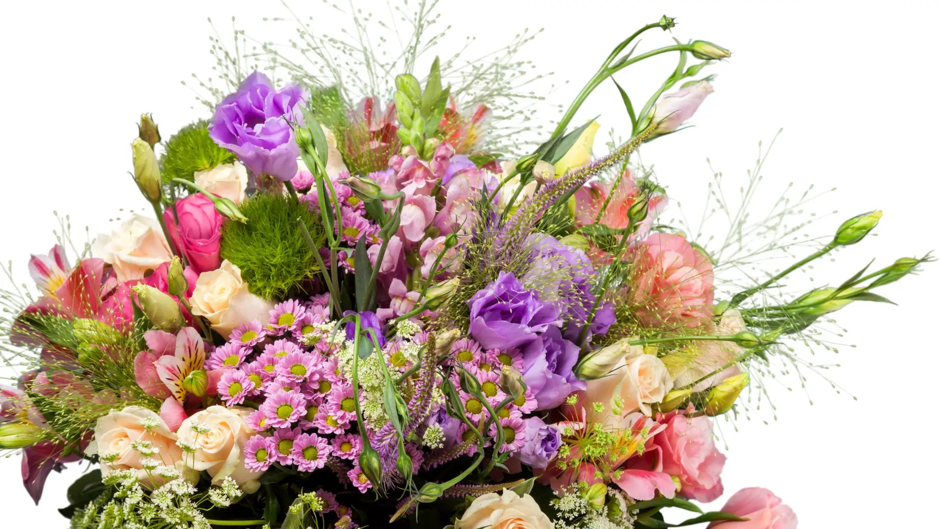 Close up of a colourful mother's day bouquet, featuring a variety of pink, purple and cream flowers