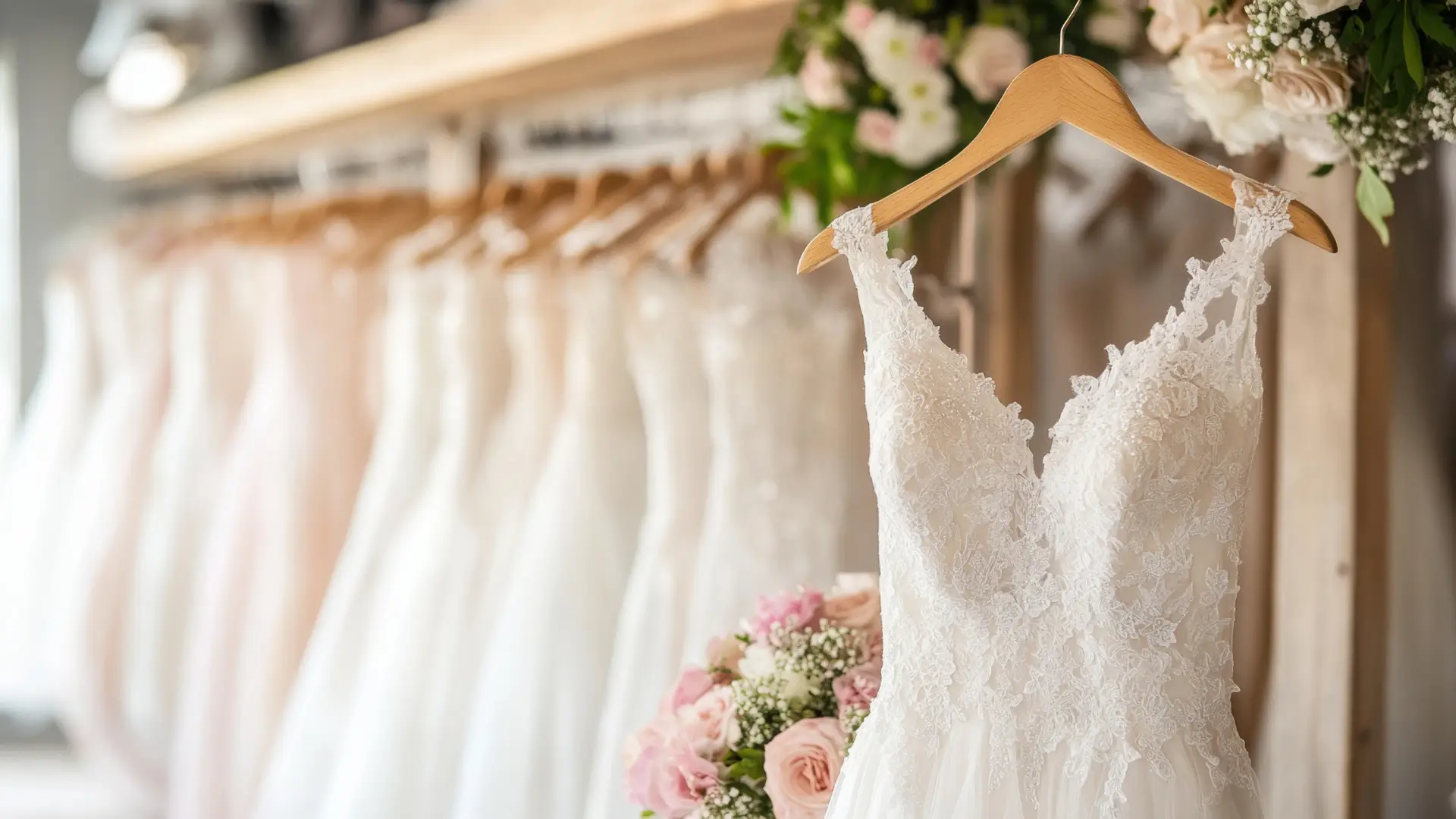 A selection of white lace wedding dresses on wooden coat hangers. The dress in the foreground of the image is surrounded by pink and white floral arrangements.