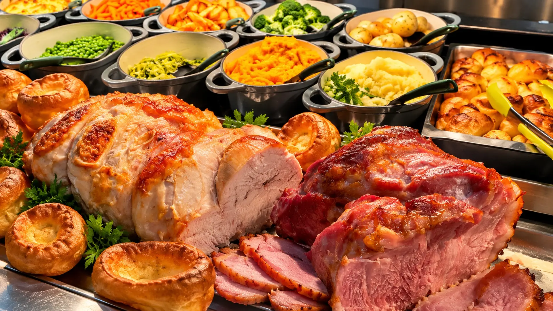 Carvery roast dinner with vegetables and Yorkshire puddings at The Clipper, Poole